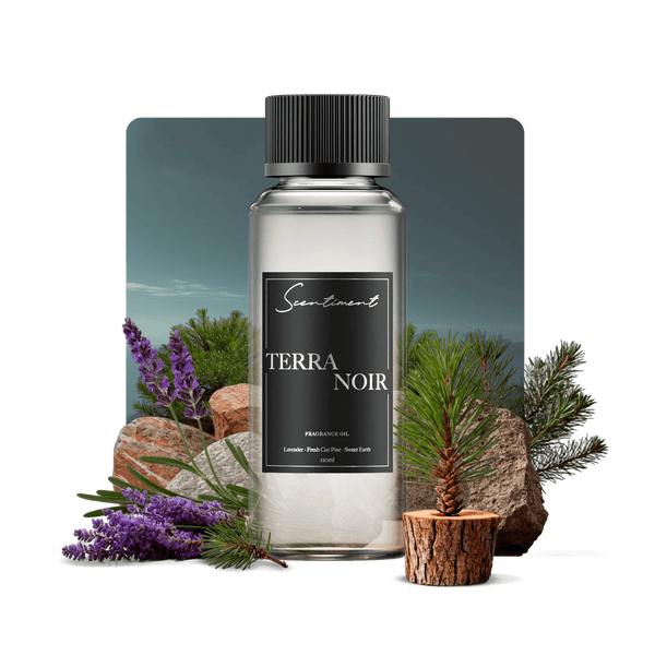 Terra Noir Fragrance Oil with notes of Worn Leather, Lavender, Fresh Cut Pine, Sweet Earth, Damp Moss, Amber, Peppered Rose