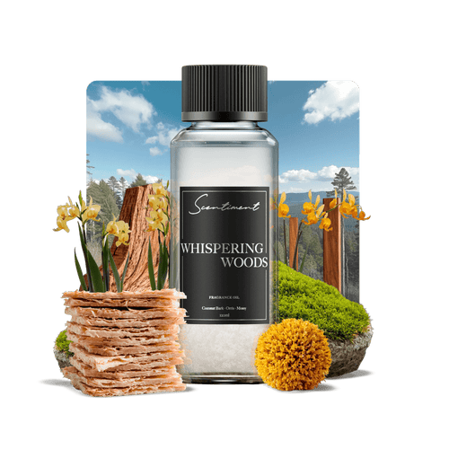 Whispering Woods Fragrance Oil with notes of Sandalwood, Coconut Bark, Orris, Mossy, Teakwood, Amber