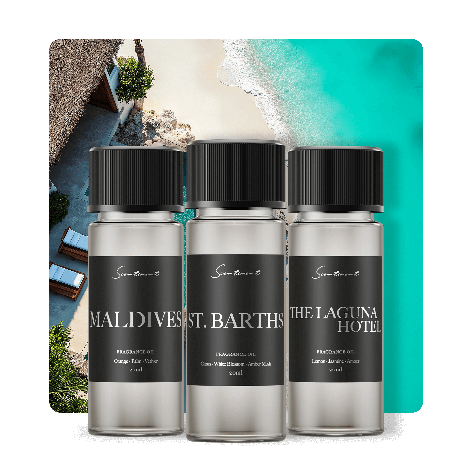 Scentiment Coastal Diffuser Oils Inspired by Soneva Jani Maldives, Eden Rock St. Barths, Montage Laguna Beach & more